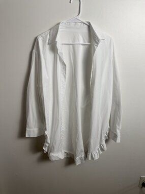 White Ruffle Hem Oversized Shirt Size XS – Hidden Button Front, Coquette Style